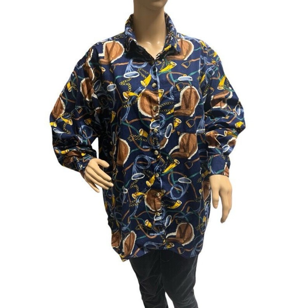 Vintage Tangibles Equestrian Rodeo Plaid Horse Saddle Button Up Shirt XL